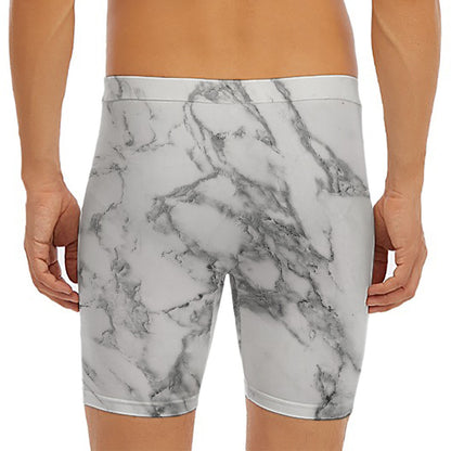White Gray Marble Print Men's Long Boxer Briefs