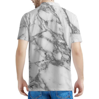 White Gray Marble Print Men's Polo Shirt