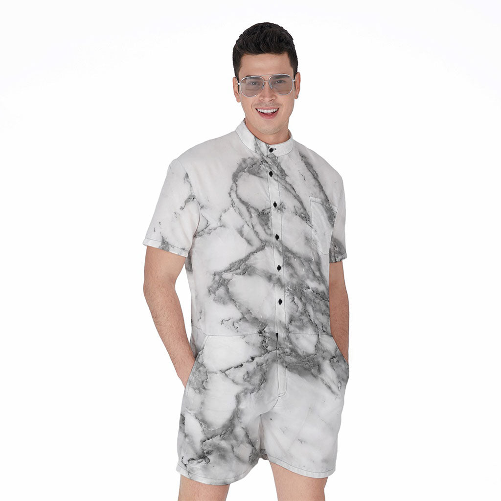 White Gray Marble Print Men's Rompers