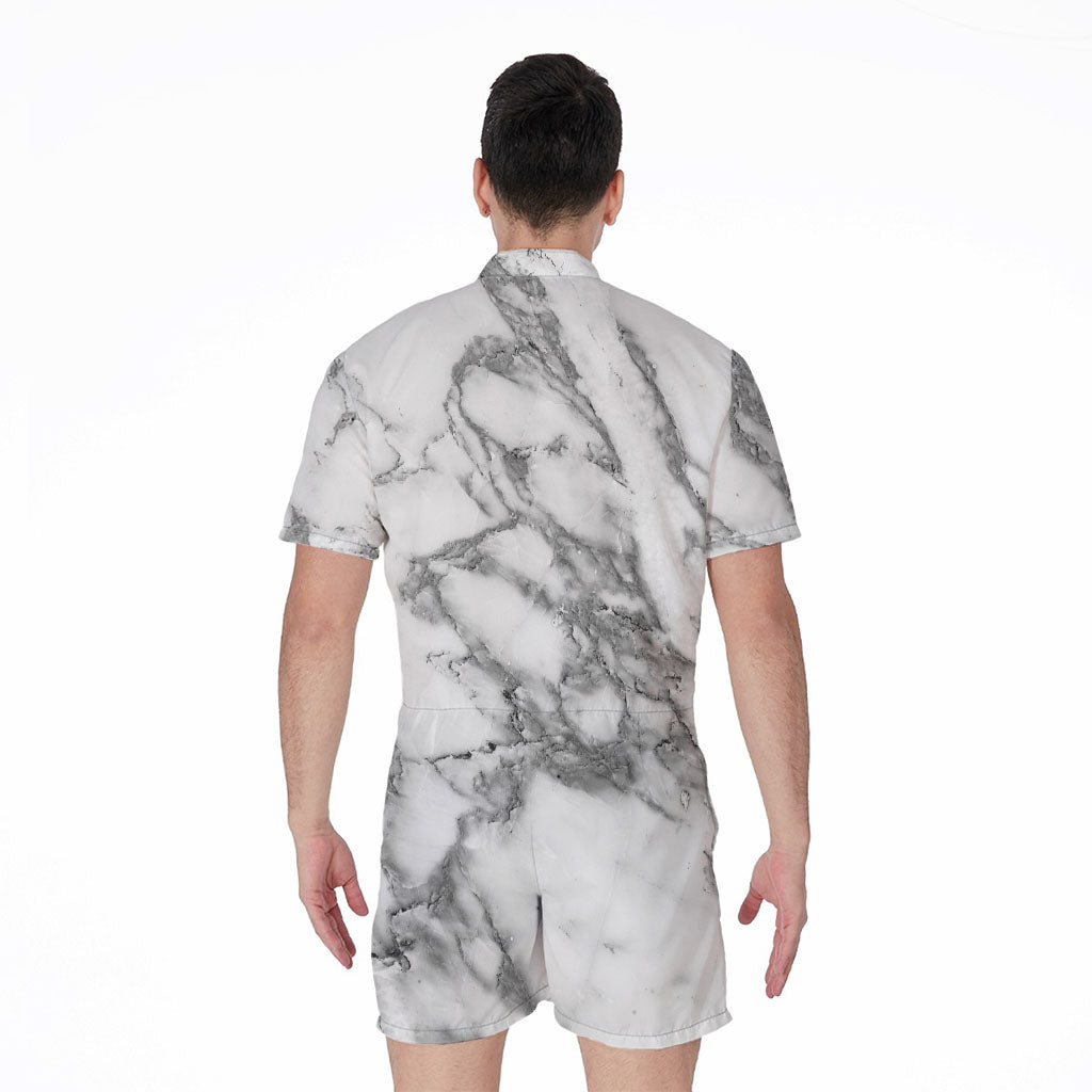 White Gray Marble Print Men's Rompers