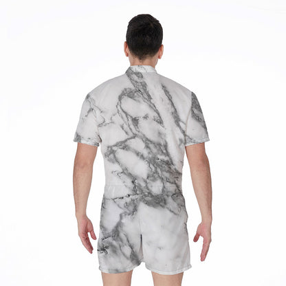 White Gray Marble Print Men's Rompers