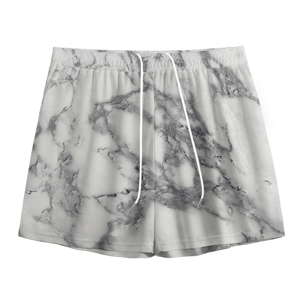 White Gray Marble Print Mesh Shorts