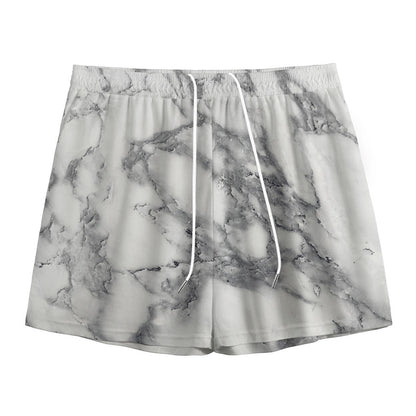 White Gray Marble Print Mesh Shorts