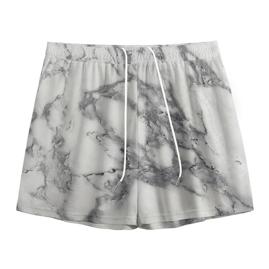 White Gray Marble Print Mesh Shorts