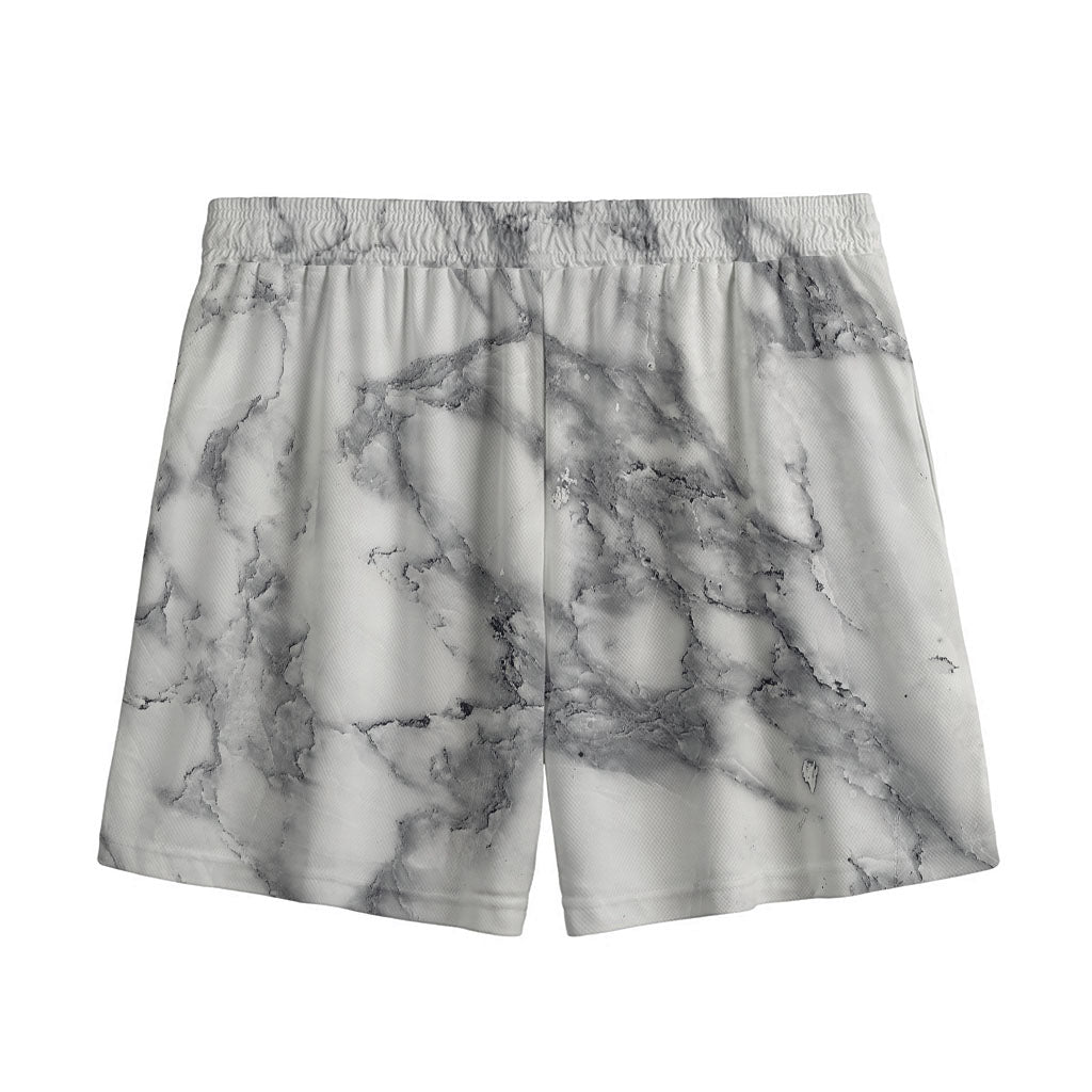 White Gray Marble Print Mesh Shorts