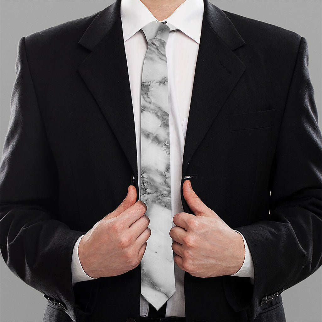 White Gray Marble Print Necktie