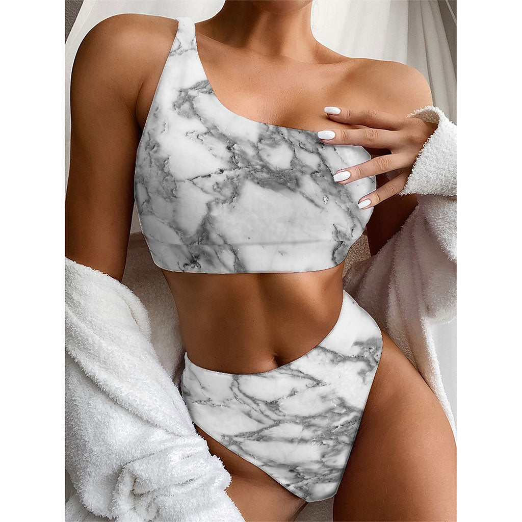 White Gray Marble Print One Shoulder Bikini Top