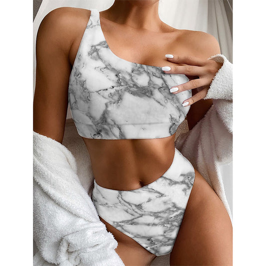 White Gray Marble Print One Shoulder Bikini Top