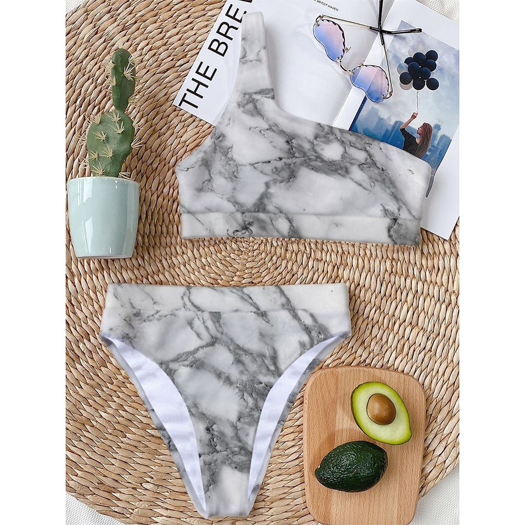 White Gray Marble Print One Shoulder Bikini Top