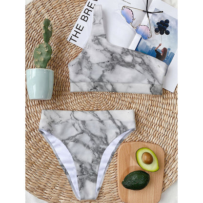 White Gray Marble Print One Shoulder Bikini Top