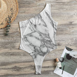White Gray Marble Print One Shoulder Bodysuit