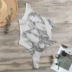 White Gray Marble Print One Shoulder Bodysuit