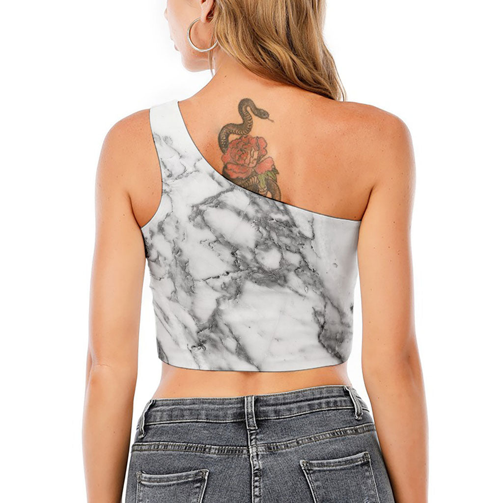 White Gray Marble Print One Shoulder Crop Top