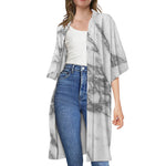 White Gray Marble Print Open Front Beach Cover Up