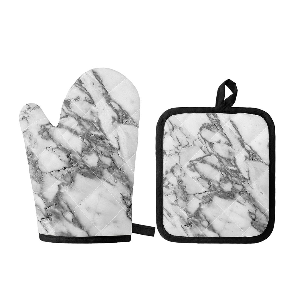 White Gray Marble Print Oven Mitt And Pot Holder Set