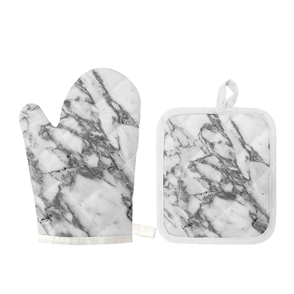 White Gray Marble Print Oven Mitt And Pot Holder Set