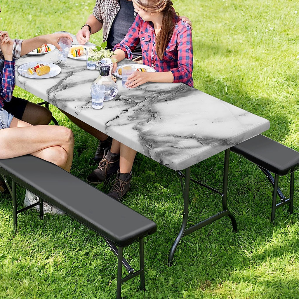 White Gray Marble Print Picnic Table Cover