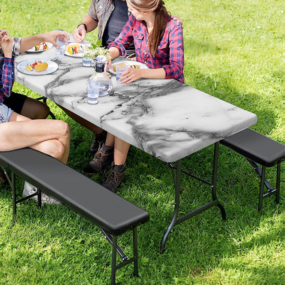 White Gray Marble Print Picnic Table Cover