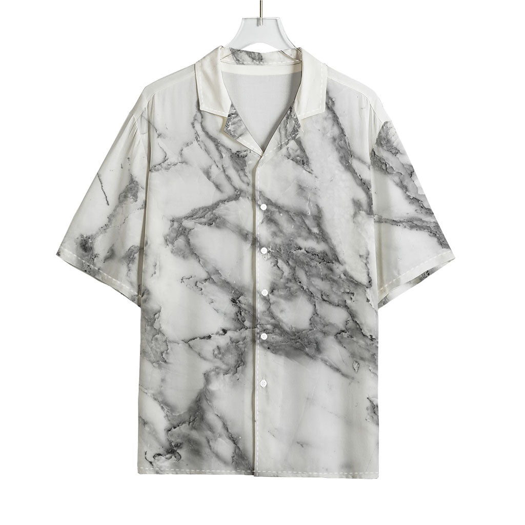 White Gray Marble Print Rayon Hawaiian Shirt