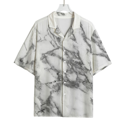 White Gray Marble Print Rayon Hawaiian Shirt
