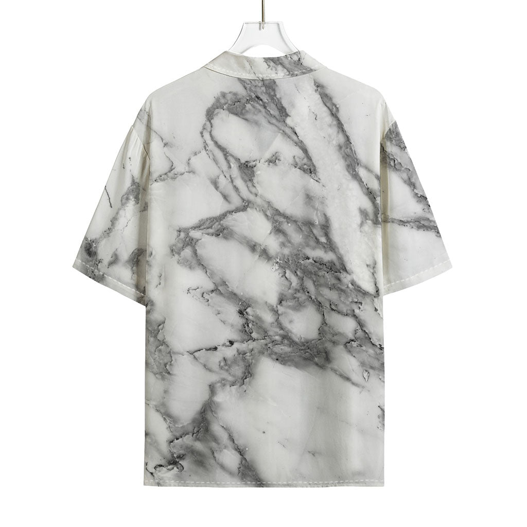 White Gray Marble Print Rayon Hawaiian Shirt