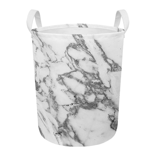 White Gray Marble Print Round Laundry Basket