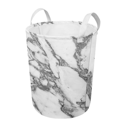 White Gray Marble Print Round Laundry Basket