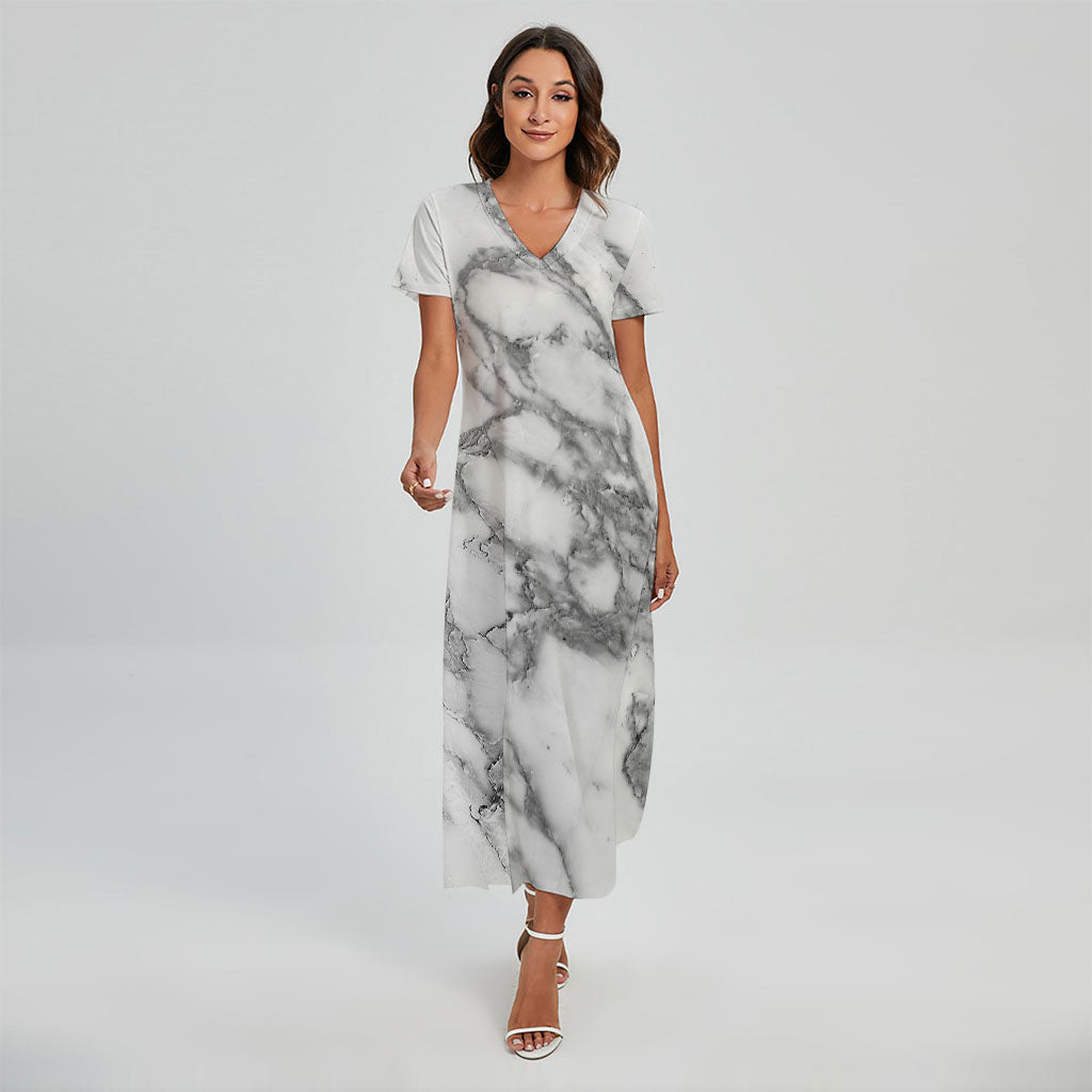 marble maxi dress White Gray Marble Print Short Sleeve Maxi Dress