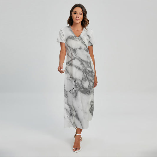 White Gray Marble Print Short Sleeve Maxi Dress