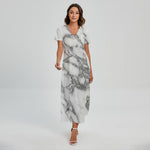 White Gray Marble Print Short Sleeve Maxi Dress