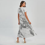 White Gray Marble Print Short Sleeve Maxi Dress
