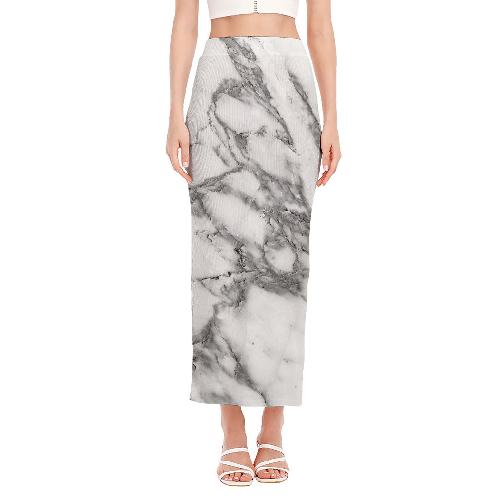 White Gray Marble Print Side Slit Maxi Skirt
