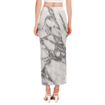 White Gray Marble Print Side Slit Maxi Skirt