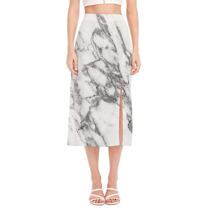 White Gray Marble Print Side Slit Midi Skirt