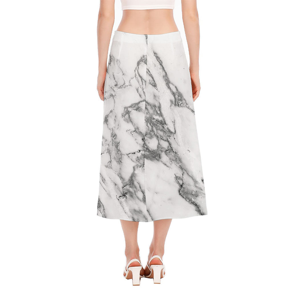 White Gray Marble Print Side Slit Midi Skirt