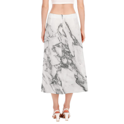 White Gray Marble Print Side Slit Midi Skirt