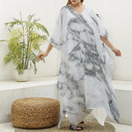 White Gray Marble Print Silk V-Neck Kaftan Dress