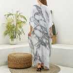 White Gray Marble Print Silk V-Neck Kaftan Dress