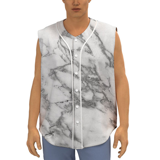 White Gray Marble Print Sleeveless Baseball Jersey