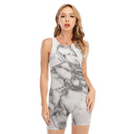 White Gray Marble Print Sleeveless One Piece Swimsuit