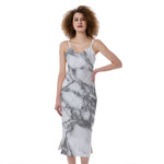 White Gray Marble Print Slim Fit Midi Cami Dress