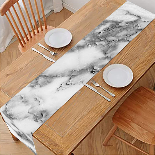 White Gray Marble Print Table Runner