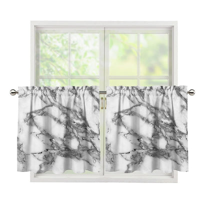 White Gray Marble Print Tier Curtains