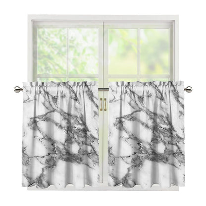 White Gray Marble Print Tier Curtains