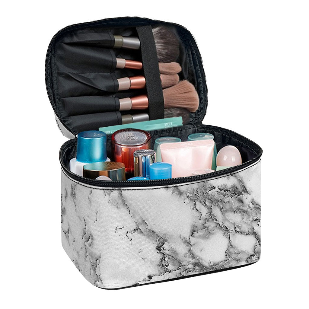 White Gray Marble Print Travel Makeup Bag