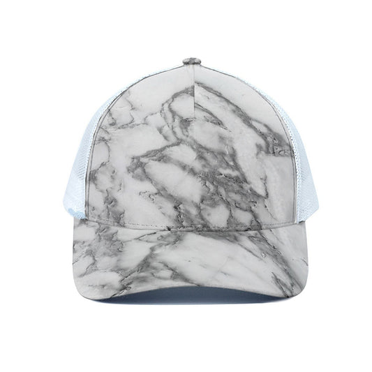 White Gray Marble Print White Mesh Trucker Cap