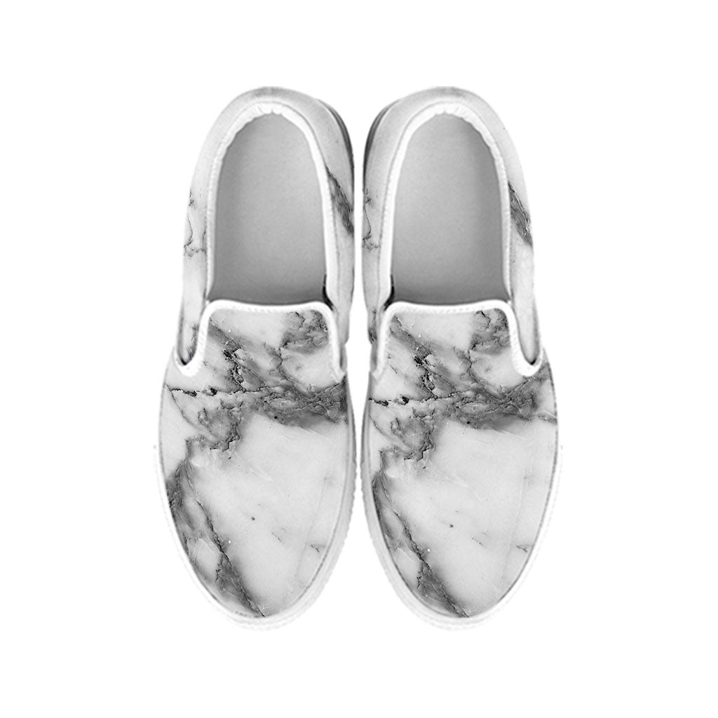 White Gray Marble Print White Slip On Sneakers