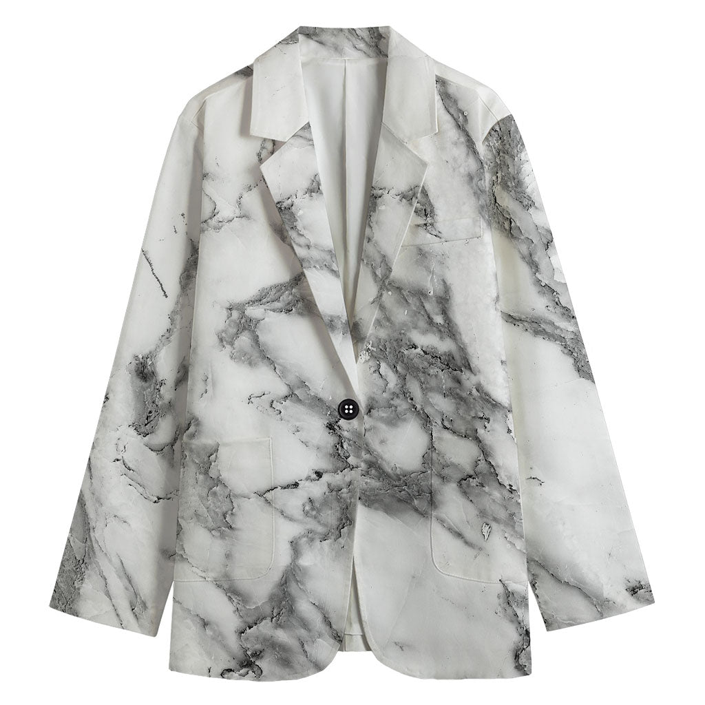 White Gray Marble Print Women's Blazer