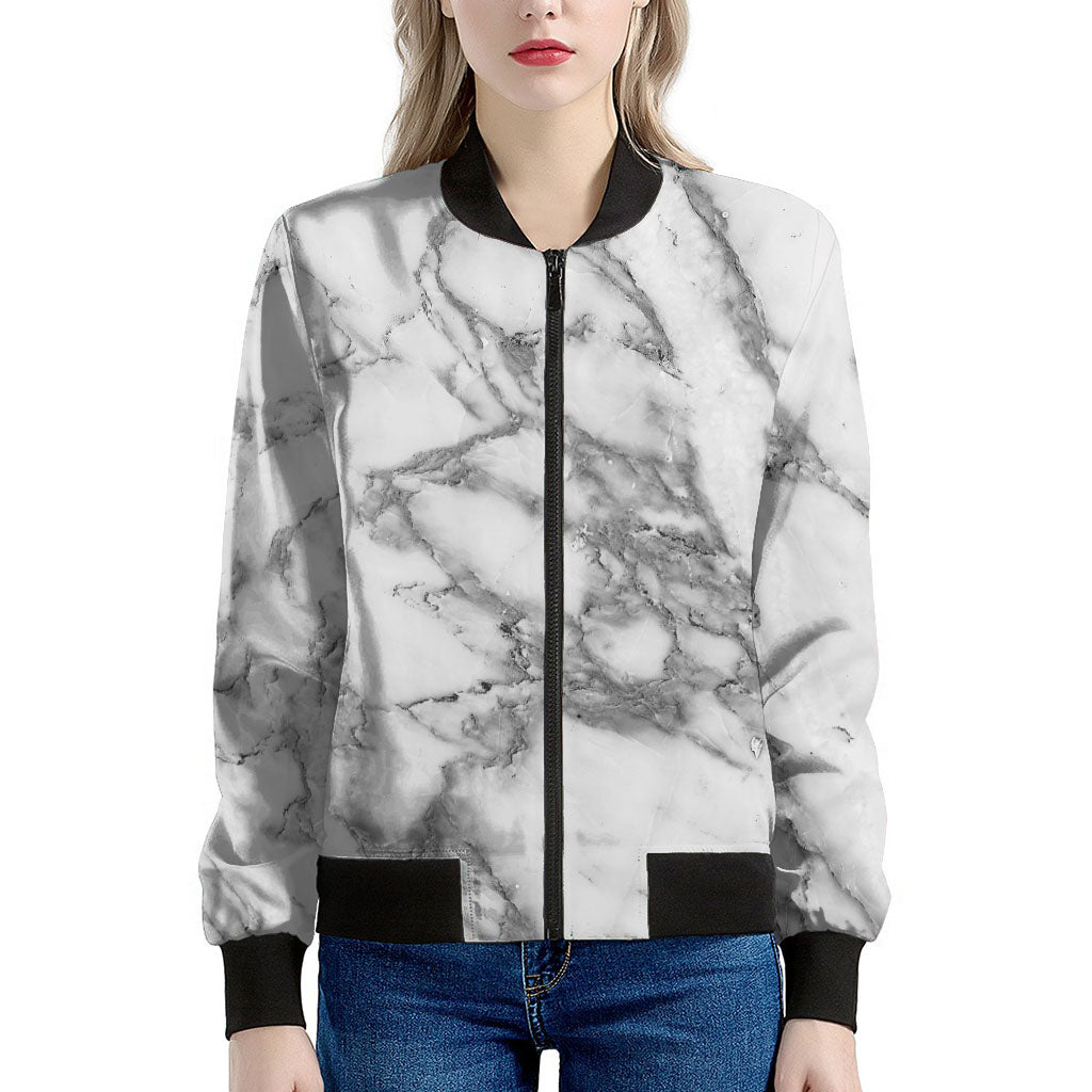 White Gray Marble Print Women's Bomber Jacket
