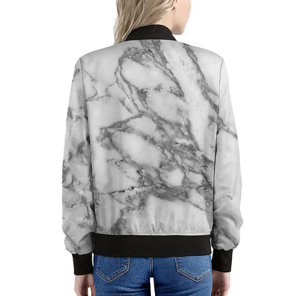 White Gray Marble Print Women's Bomber Jacket